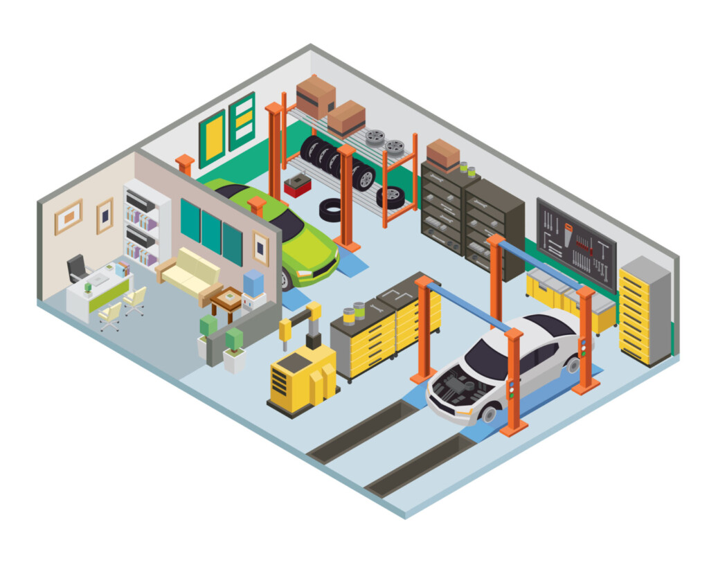 Modern Isometric Car Workshop Garage Interior Design